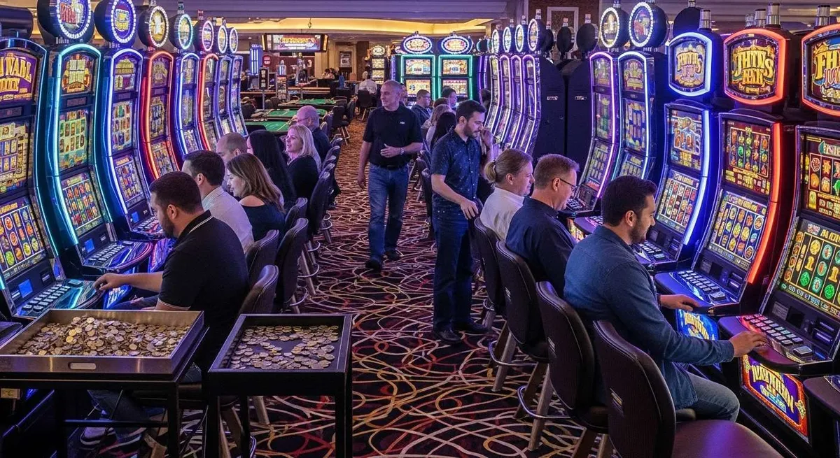 Instant Casino Persone giocano alle slot machine luminose in un casinò affollato